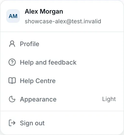 Your account menu, with the Appearance row showing Light