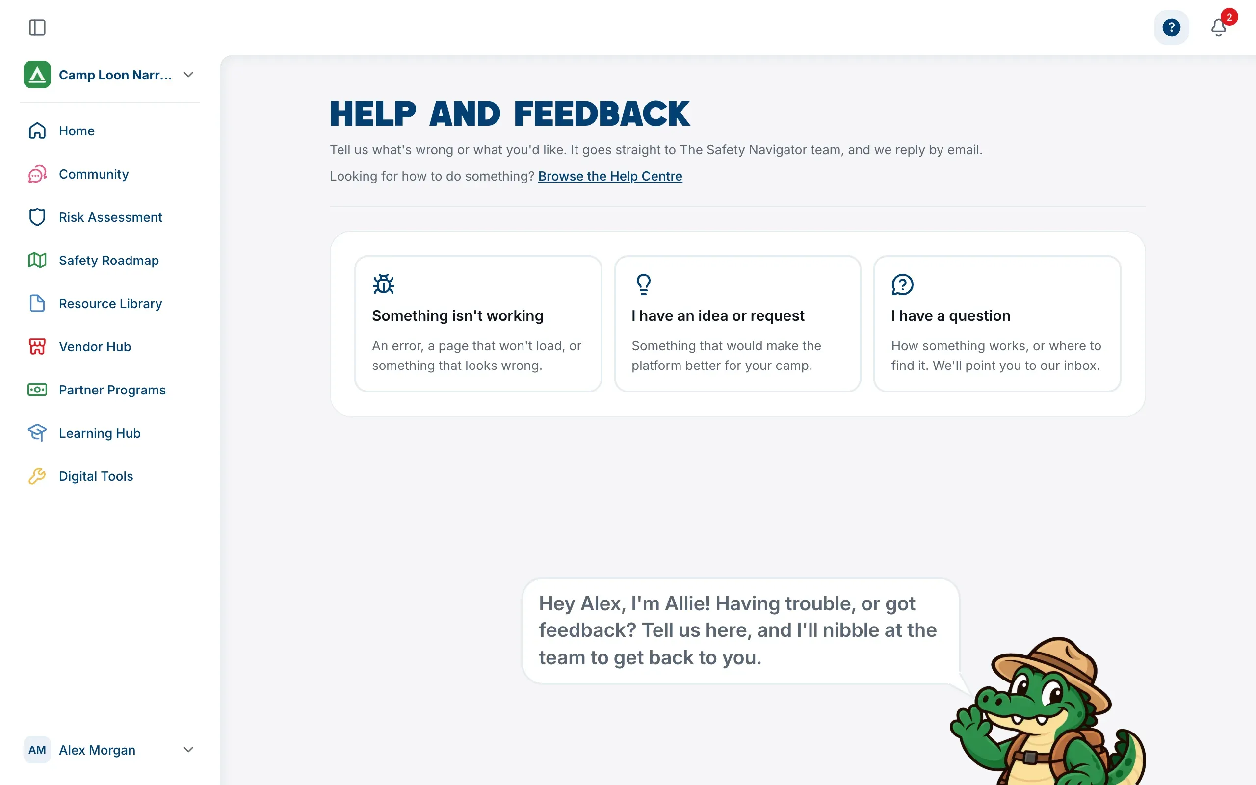 The Help and feedback page, with three choices and Allie