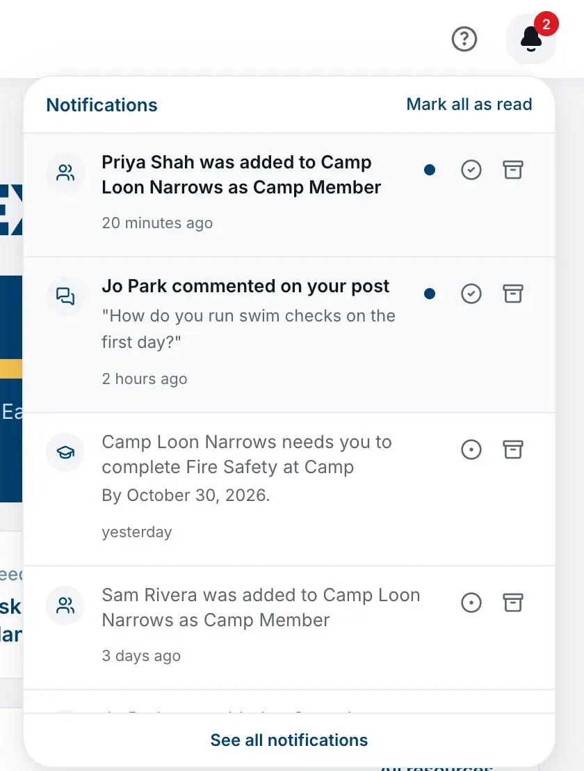 The bell open, showing a list of notifications