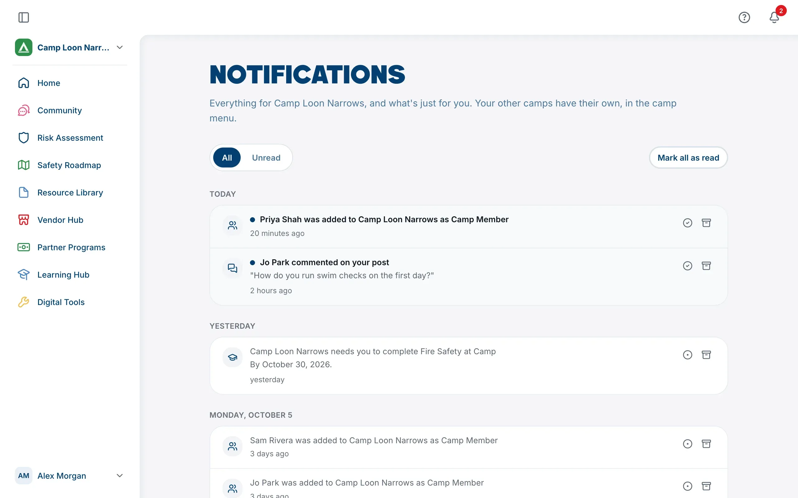 The Notifications page, with All and Unread and notifications grouped by day