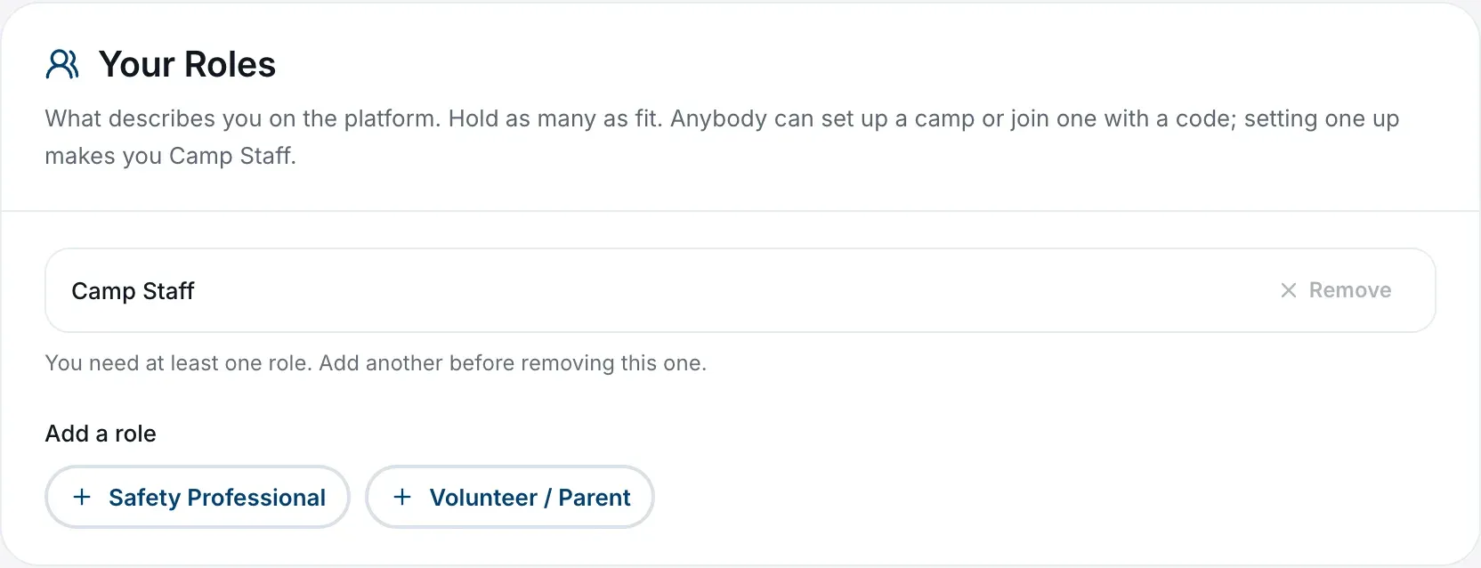 The Your Roles card, with the roles you hold and Add a role buttons