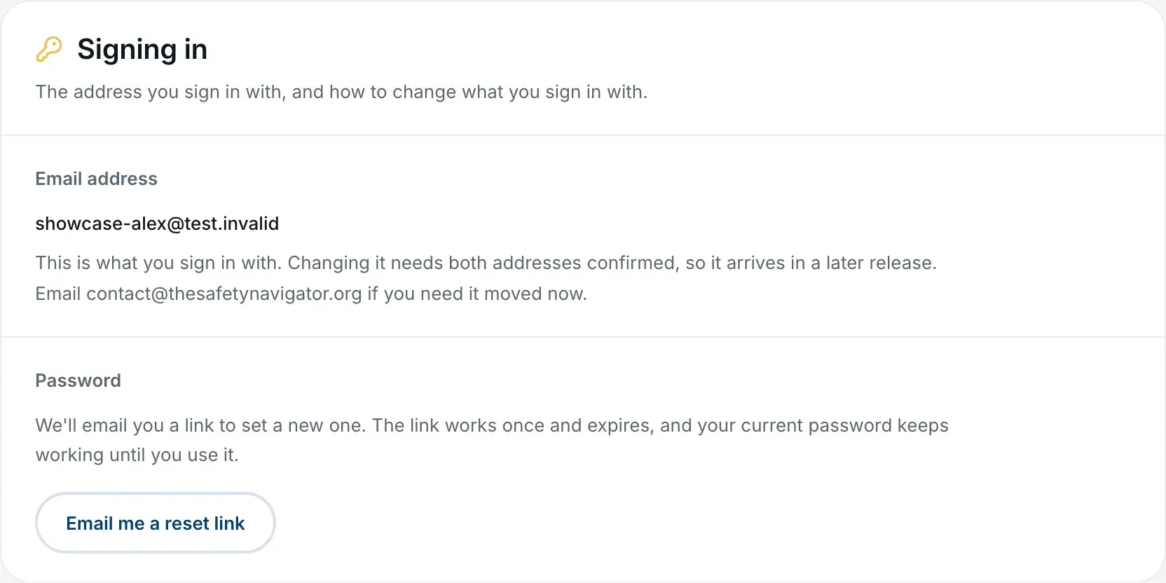 The Signing in card on the profile page, with your email address and the Email me a reset link button