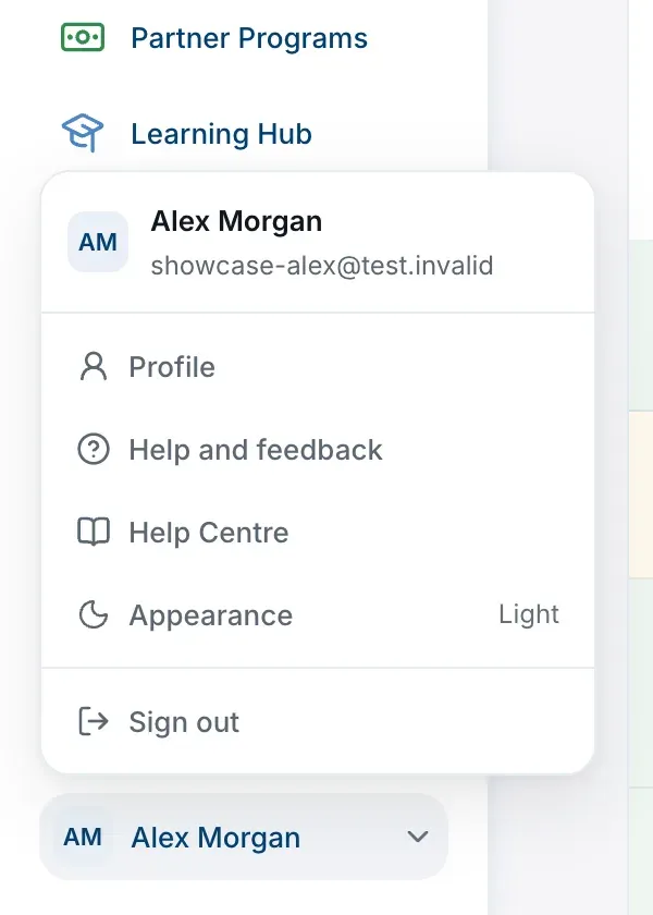 Your account menu, open from your name at the foot of the sidebar