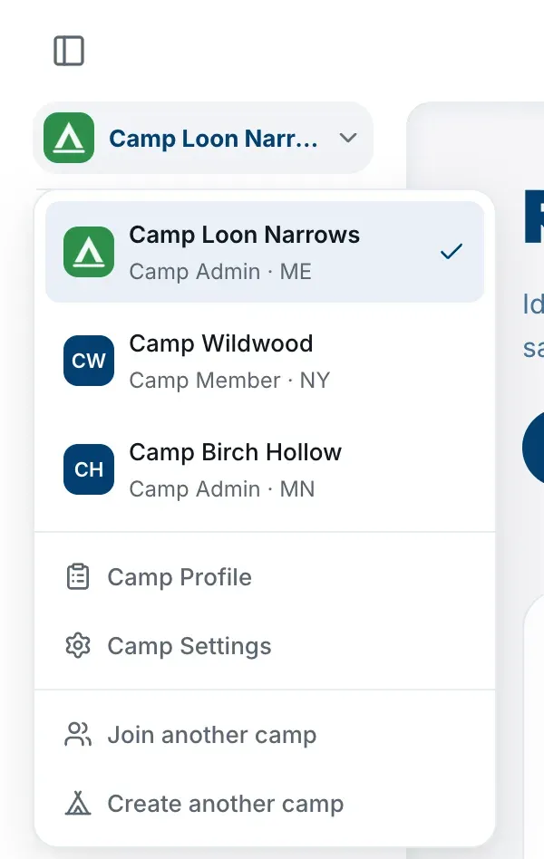 The camp menu open, listing your camps with a role under each and a tick beside the open one