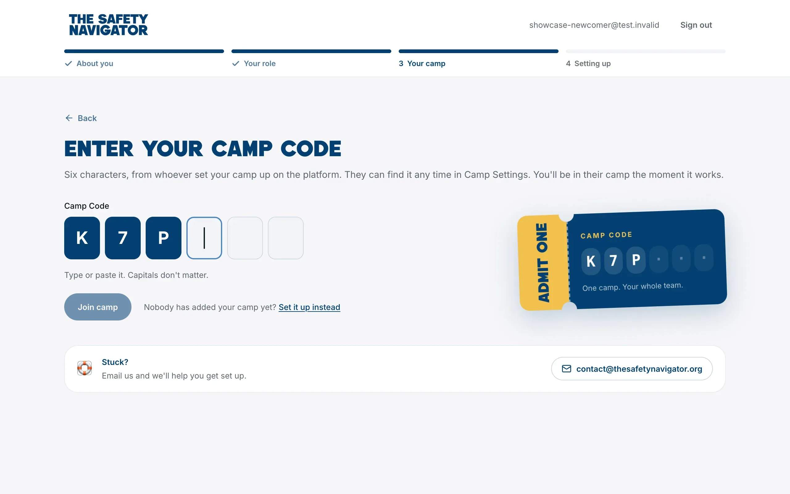 The Enter Your Camp Code screen, with six boxes for the code