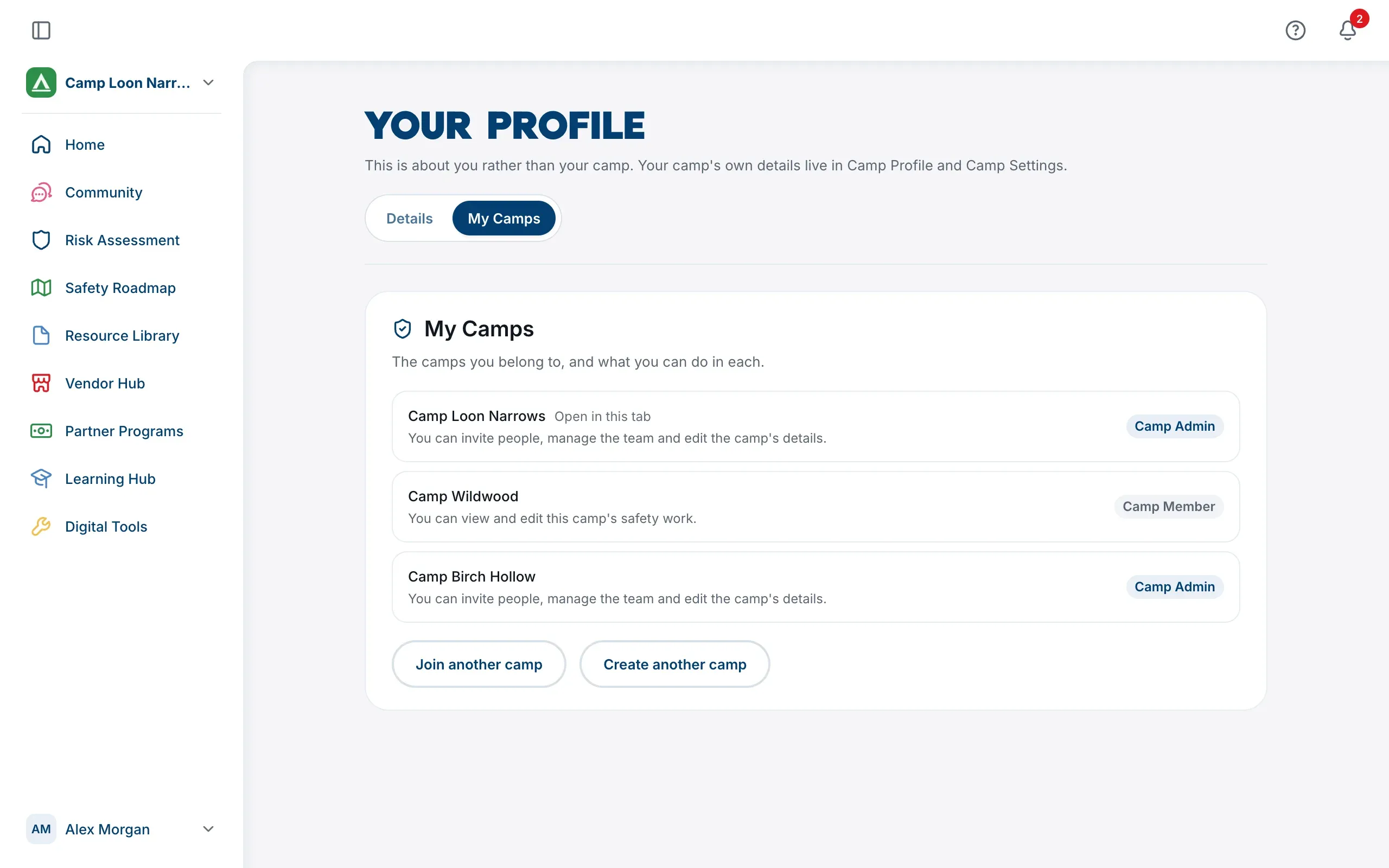 The My Camps tab on the profile page, listing each camp with a role badge