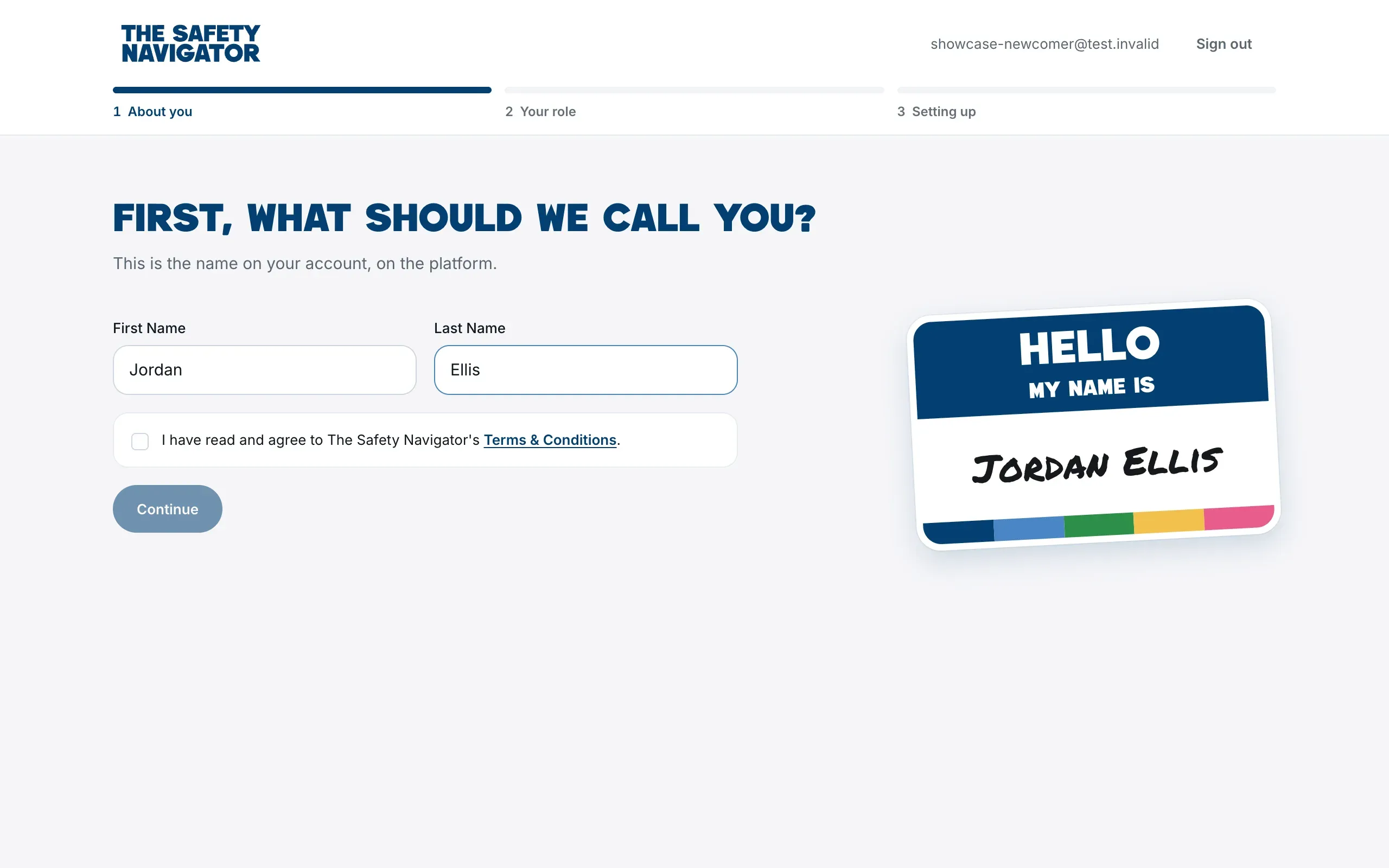 The name step, with First Name, Last Name and the Terms checkbox