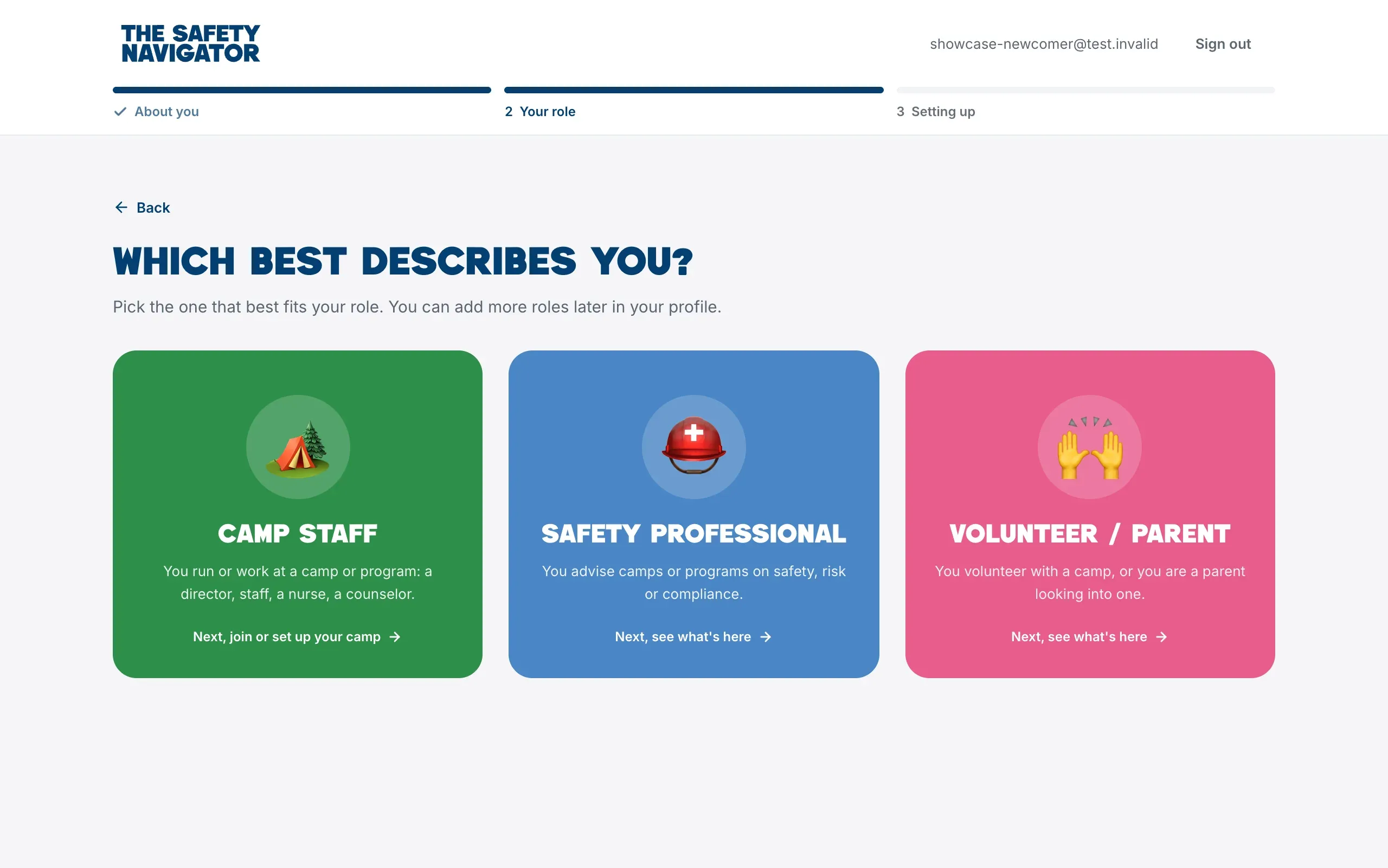 The three role cards: Camp Staff, Safety Professional and Volunteer / Parent