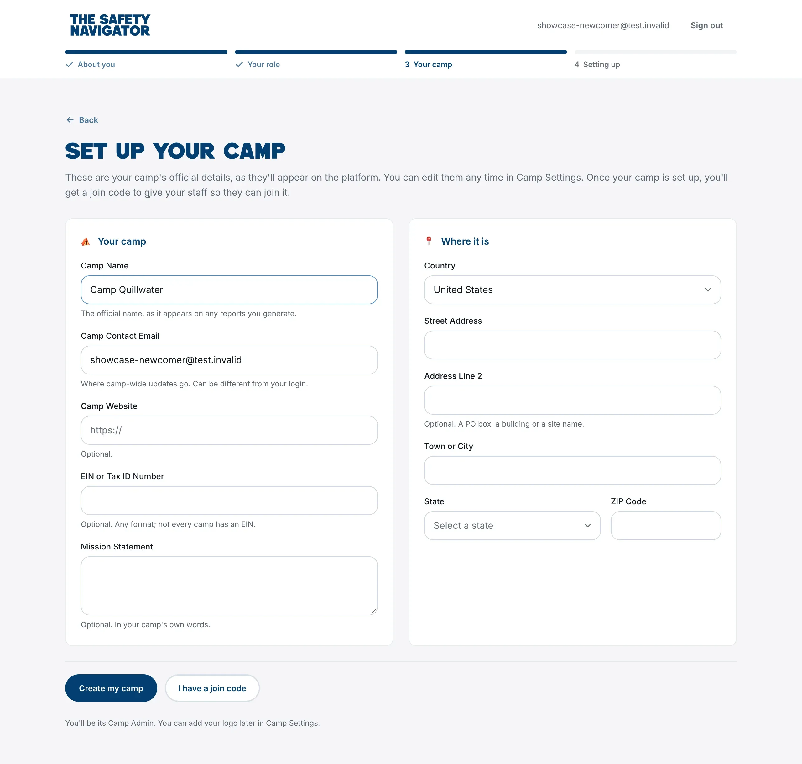 The Set Up Your Camp form, with the Your camp and Where it is cards