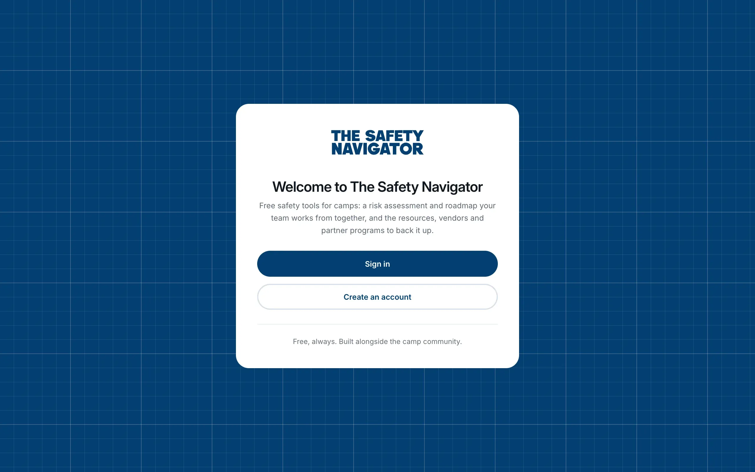 The welcome page, with the Sign in and Create an account buttons