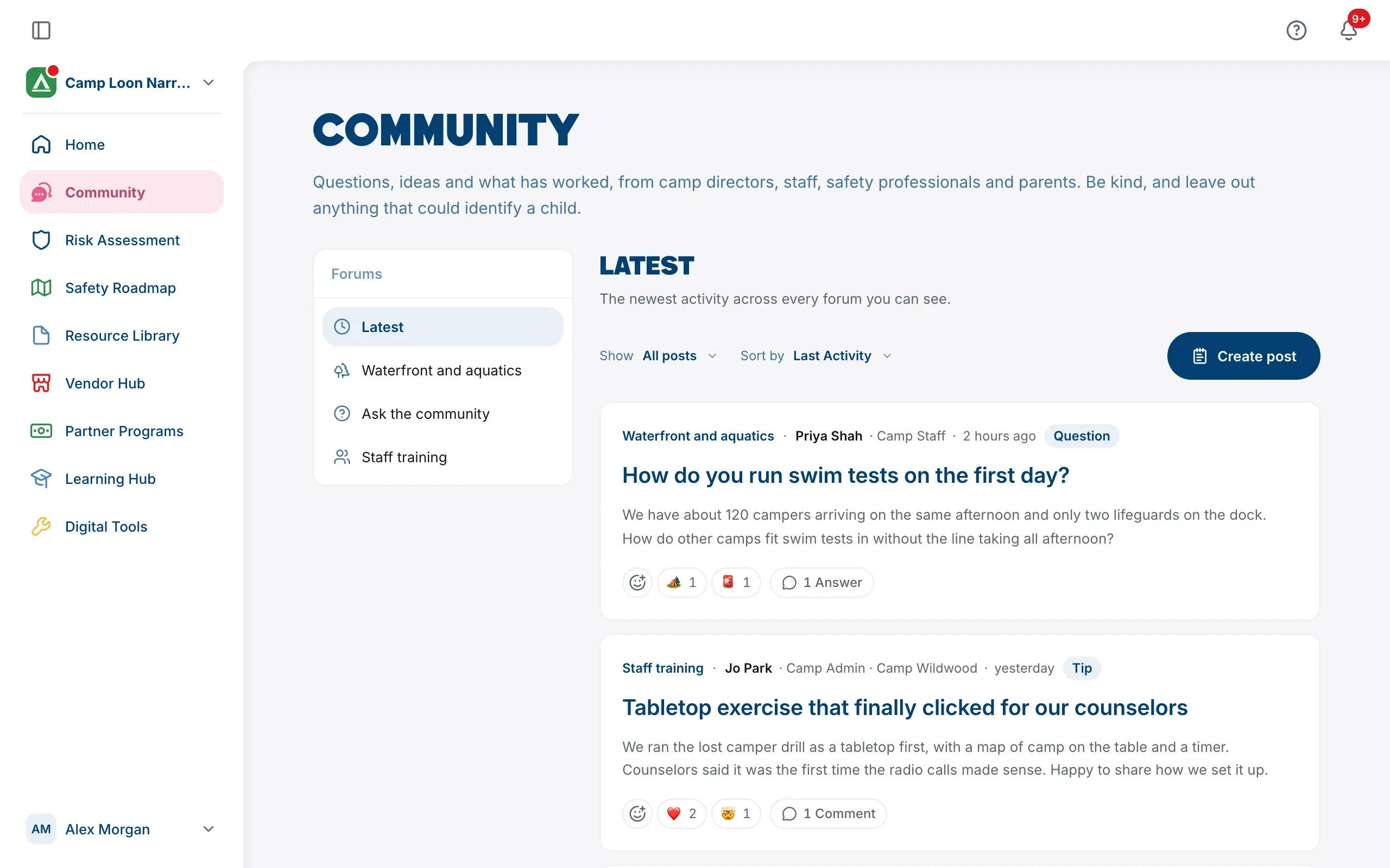The Community page, with the list of forums on the left and posts in Latest