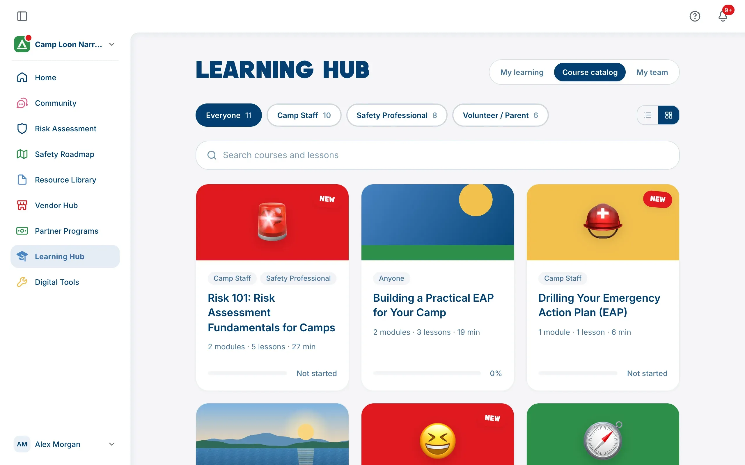 The Course catalog, with the audience buttons, search and course cards