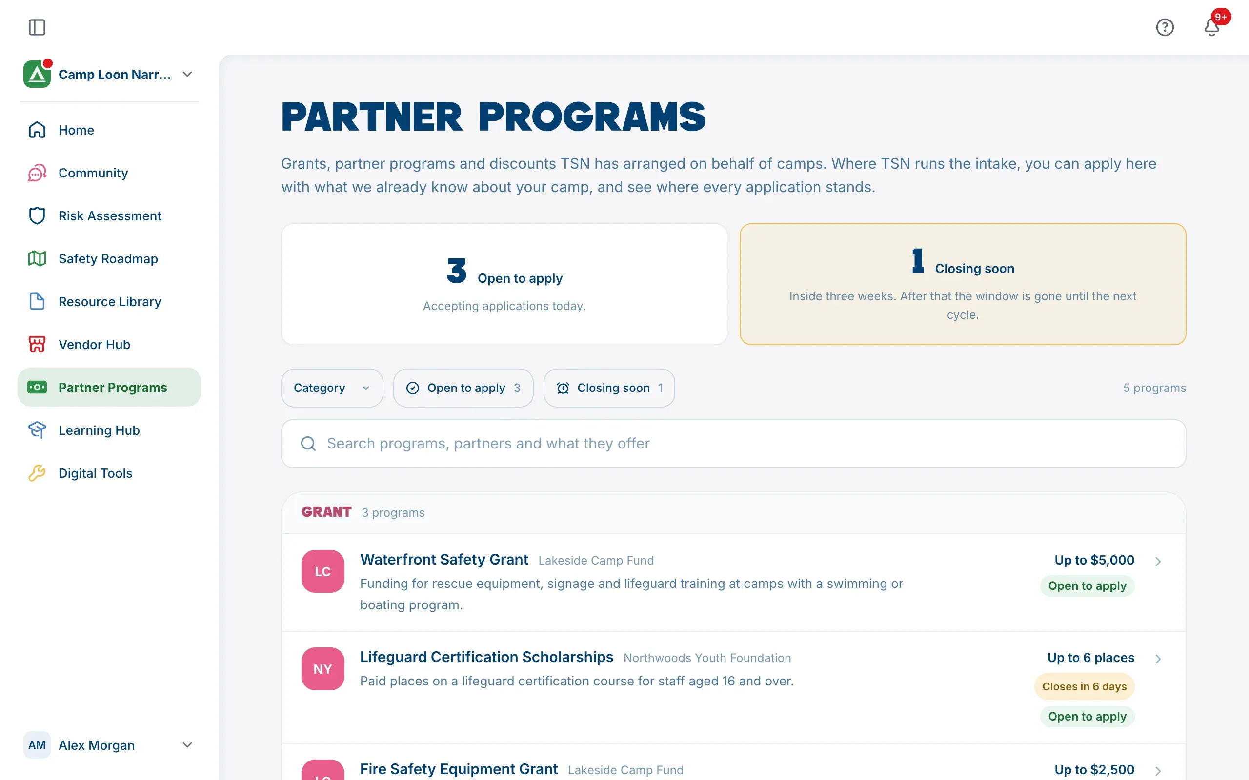 The Partner programs page, with the two counts at the top and programs grouped by category
