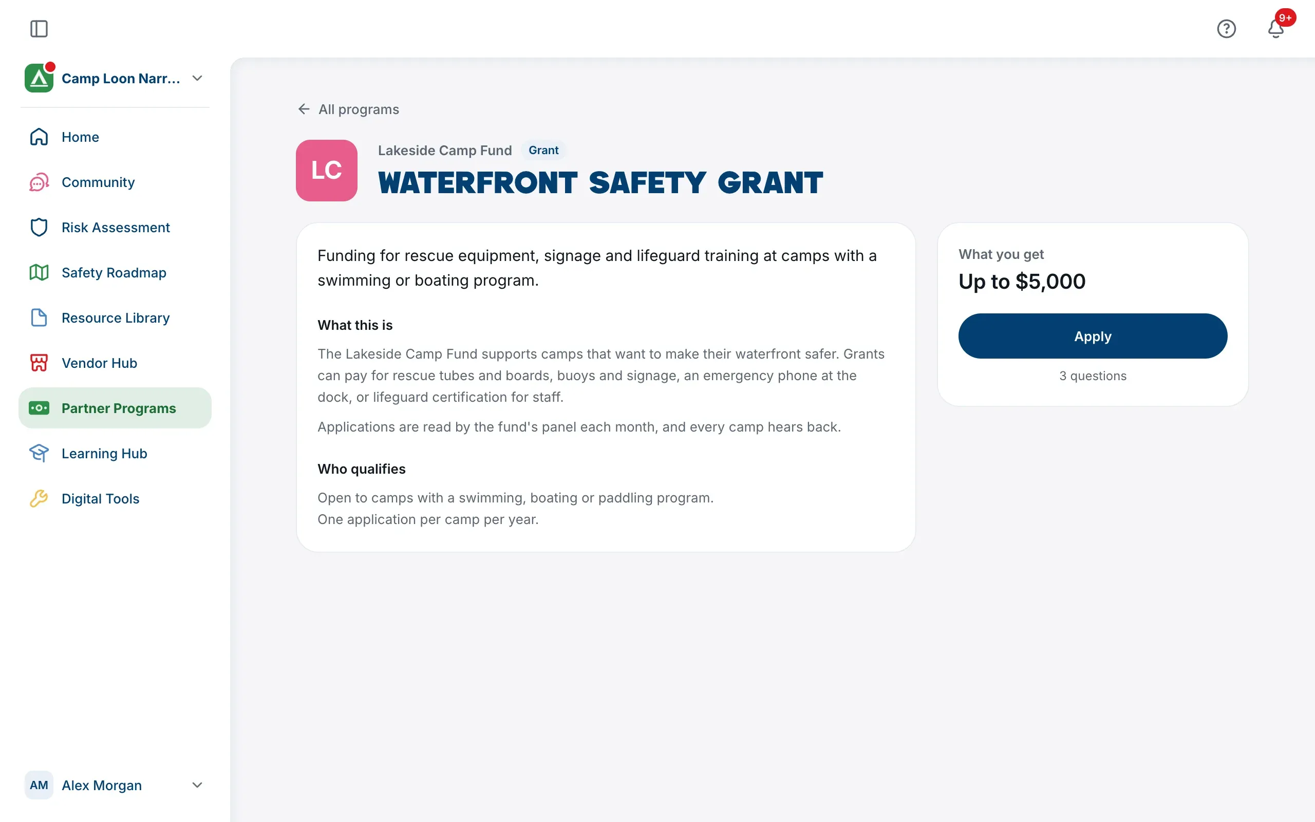 A program’s page, with What you get and the Apply button