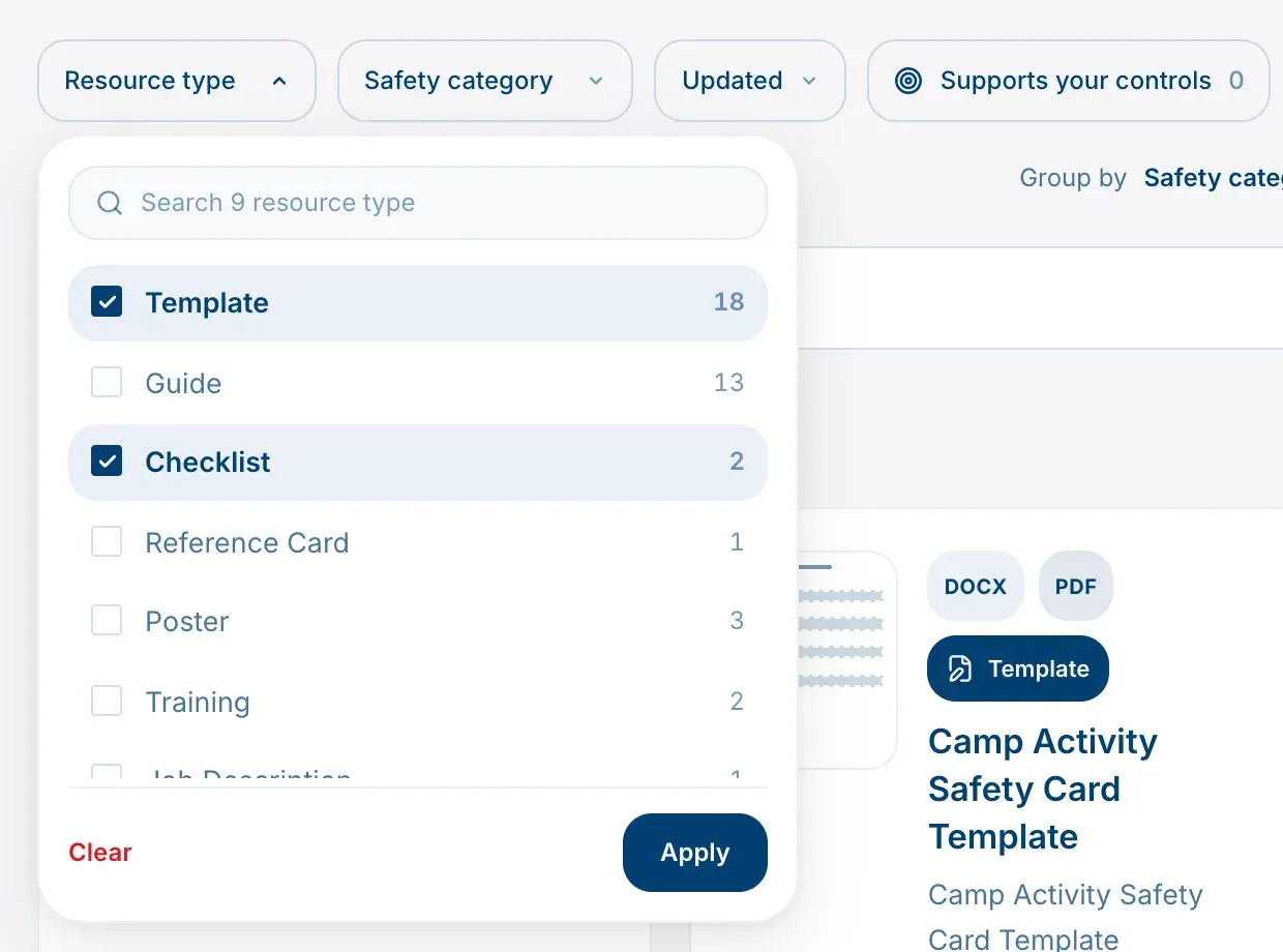 The Resource type menu open, with types ticked and the Apply button