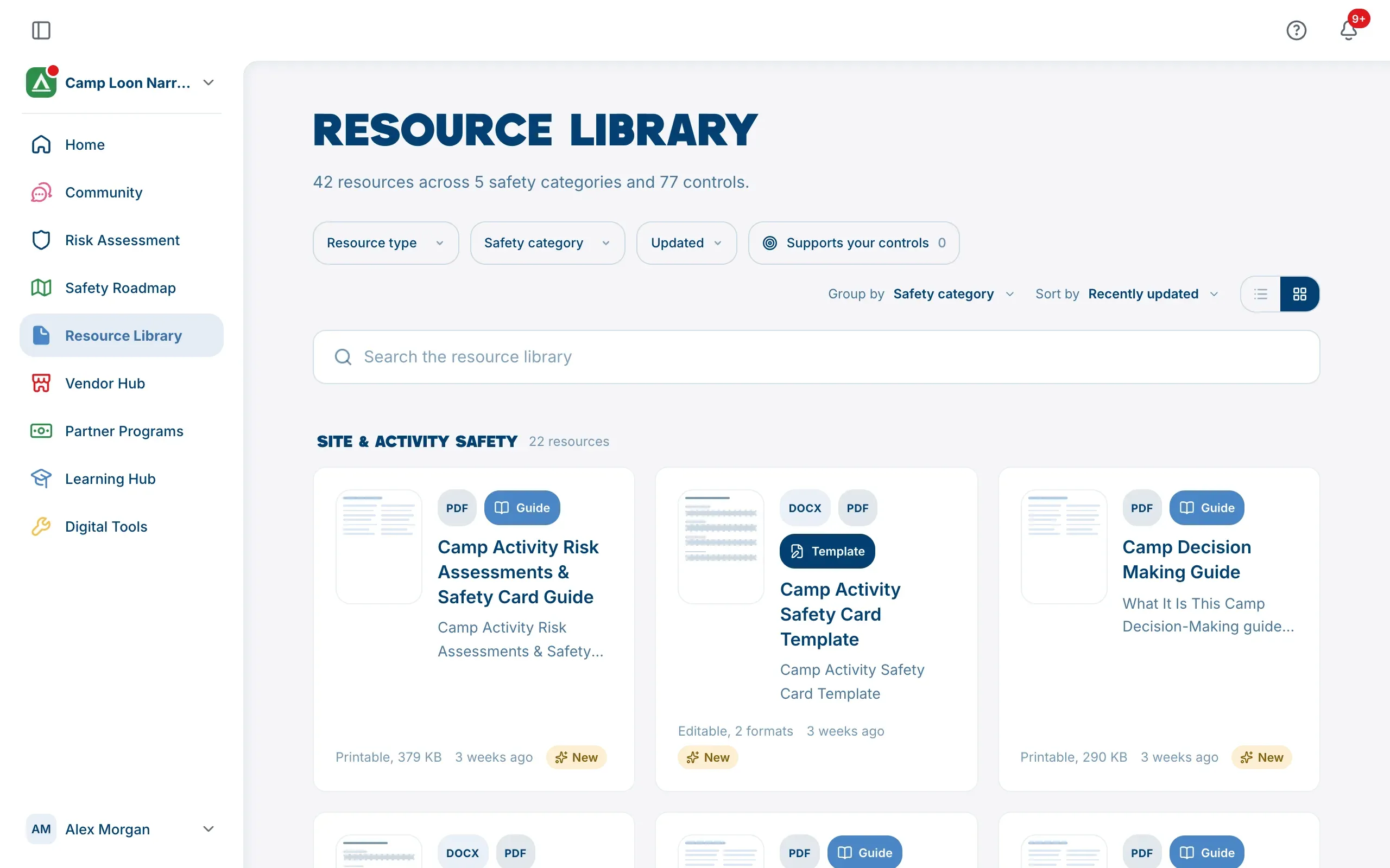 The Resource Library, with its filters above the search box and resources in a grid