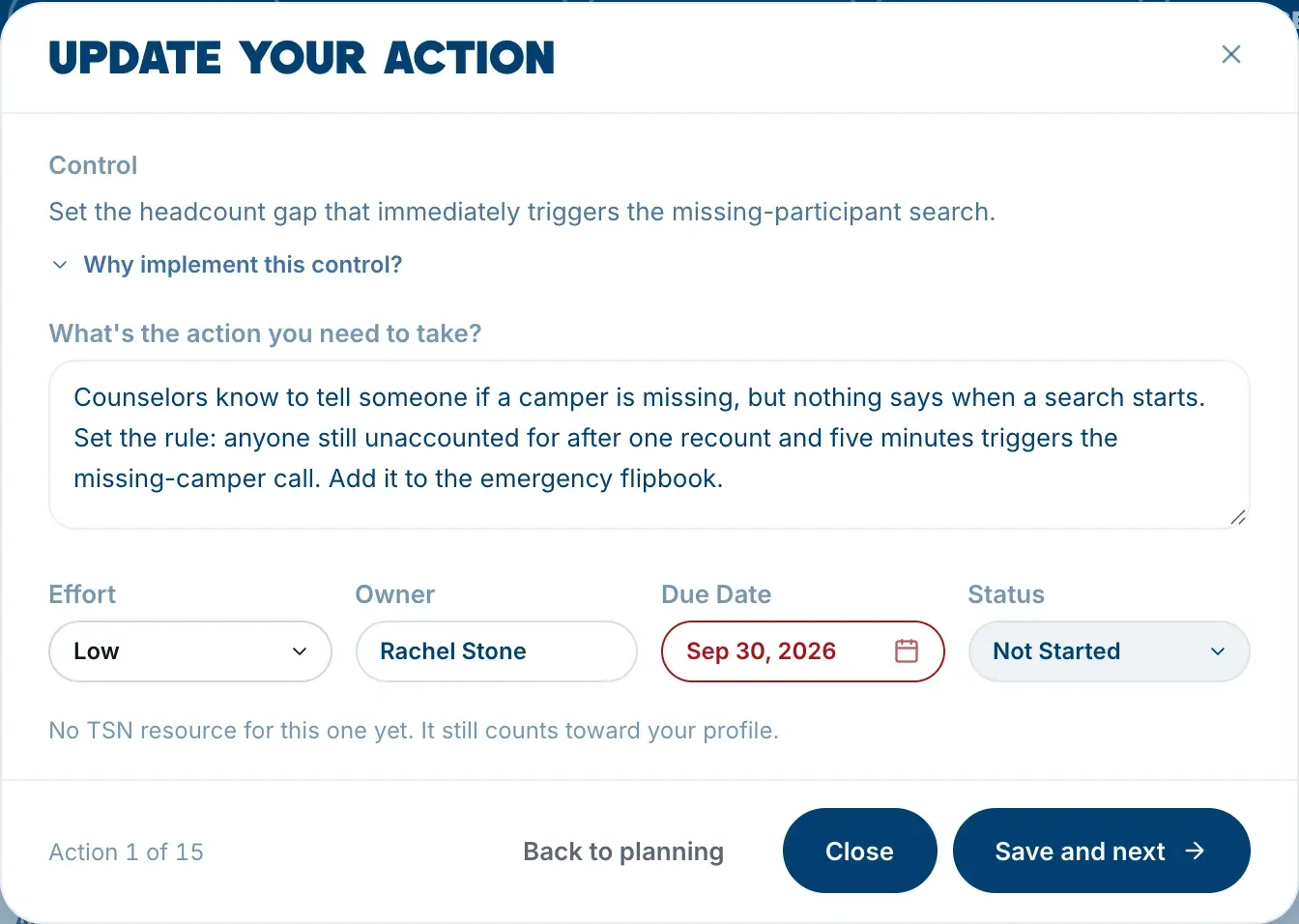 The Update your action window, with the action, owner, due date, effort and status fields