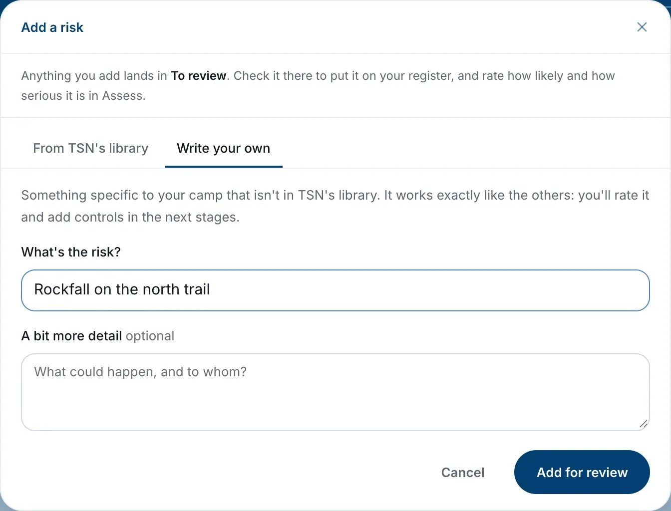 The Add a risk window, on the Write your own tab