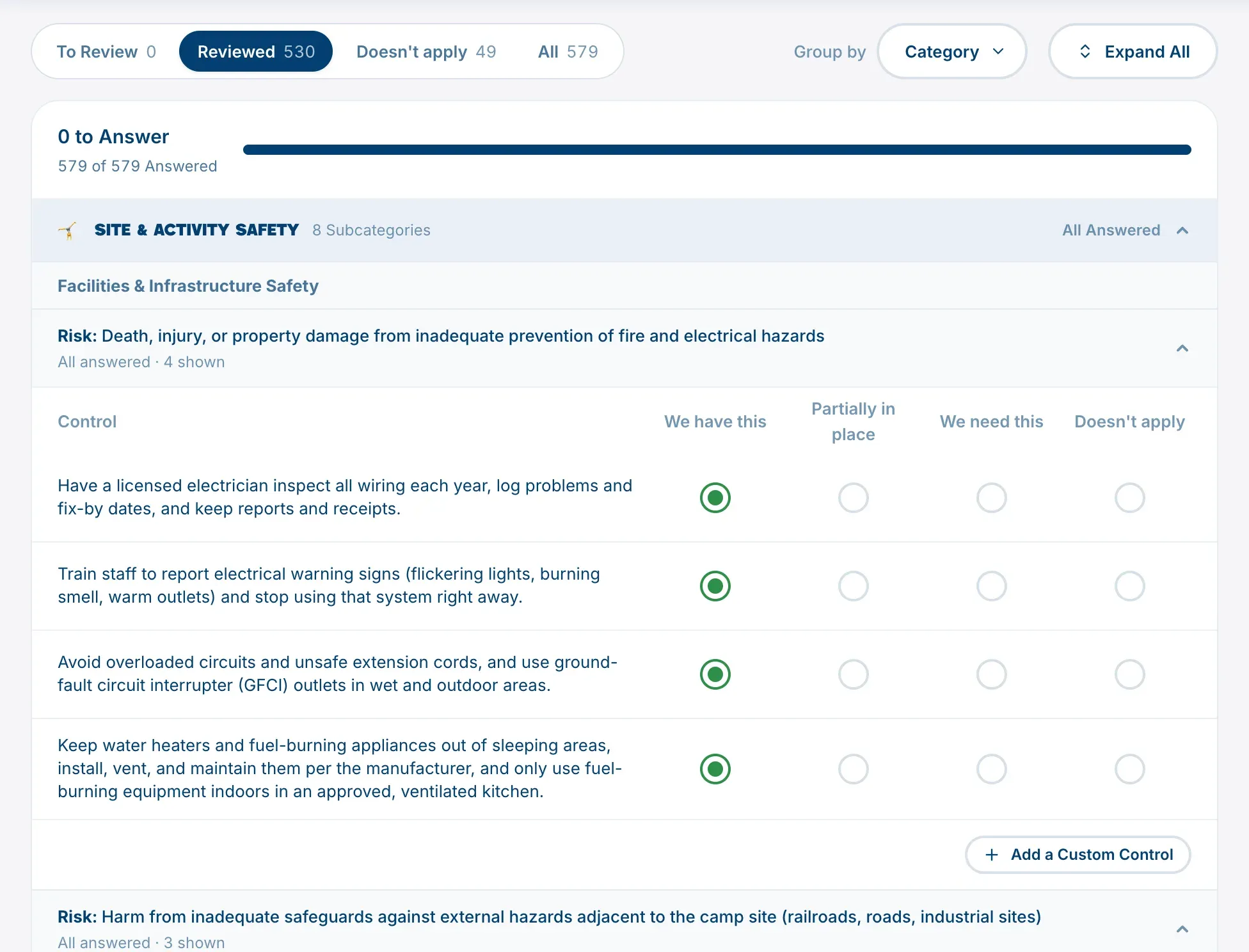 The Control stage, with a risk open and the four answers beside each control