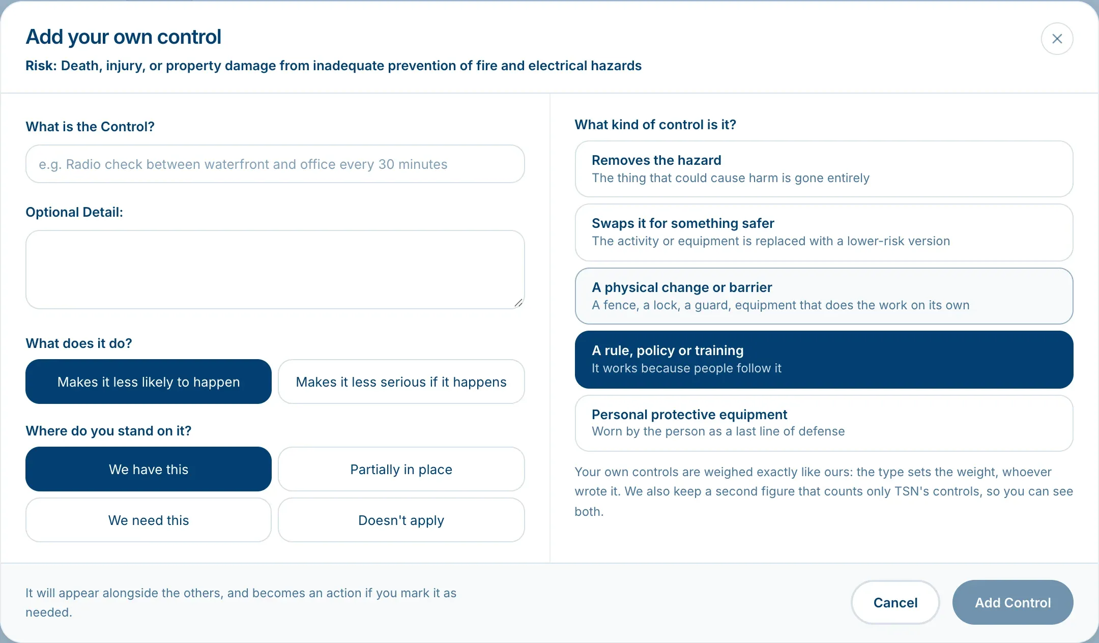 The Add your own control dialog
