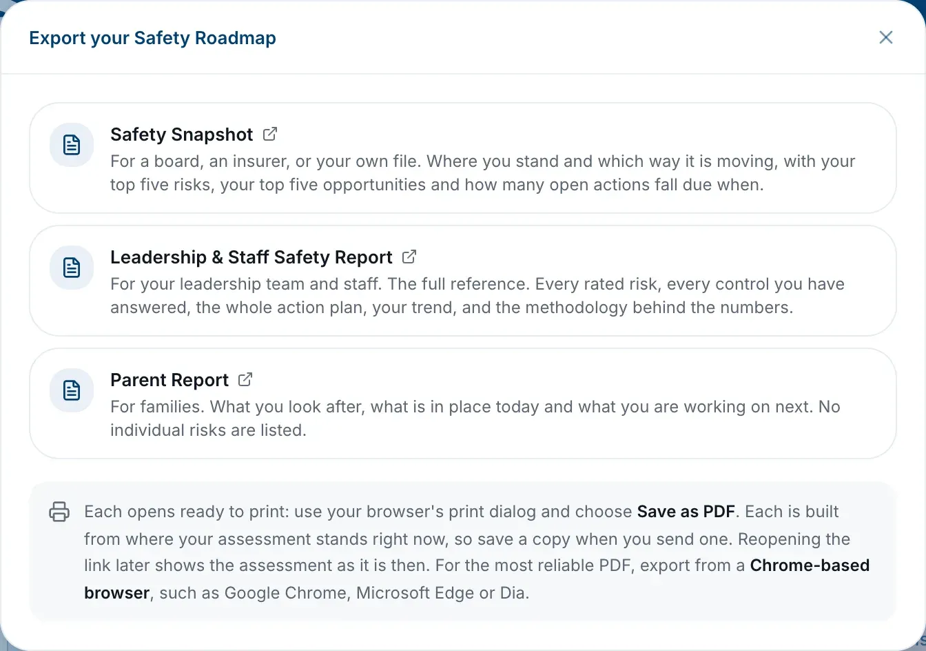The Export your Safety Roadmap window, listing the three reports