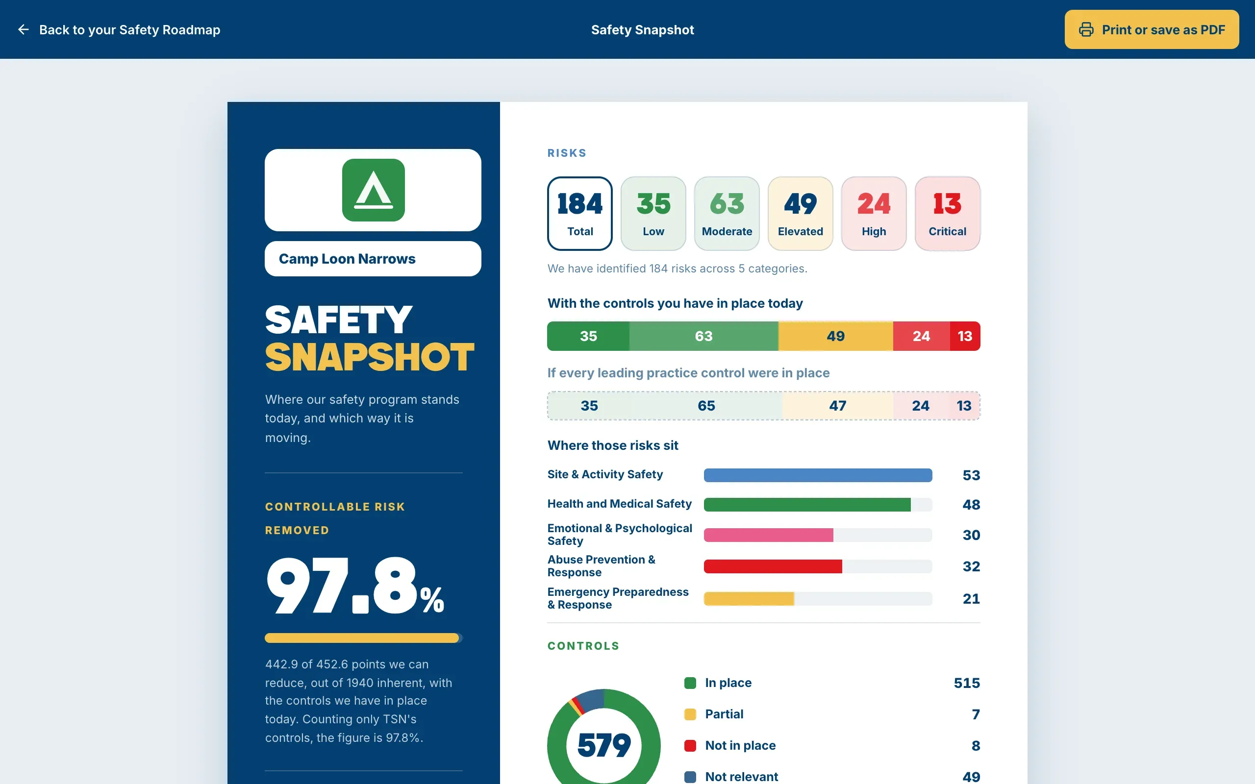 A report open in the browser, with the Print or save as PDF button at the top