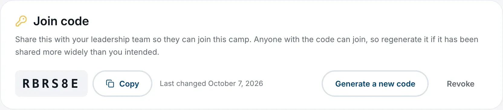 The Join code card on the Access tab of Camp Settings