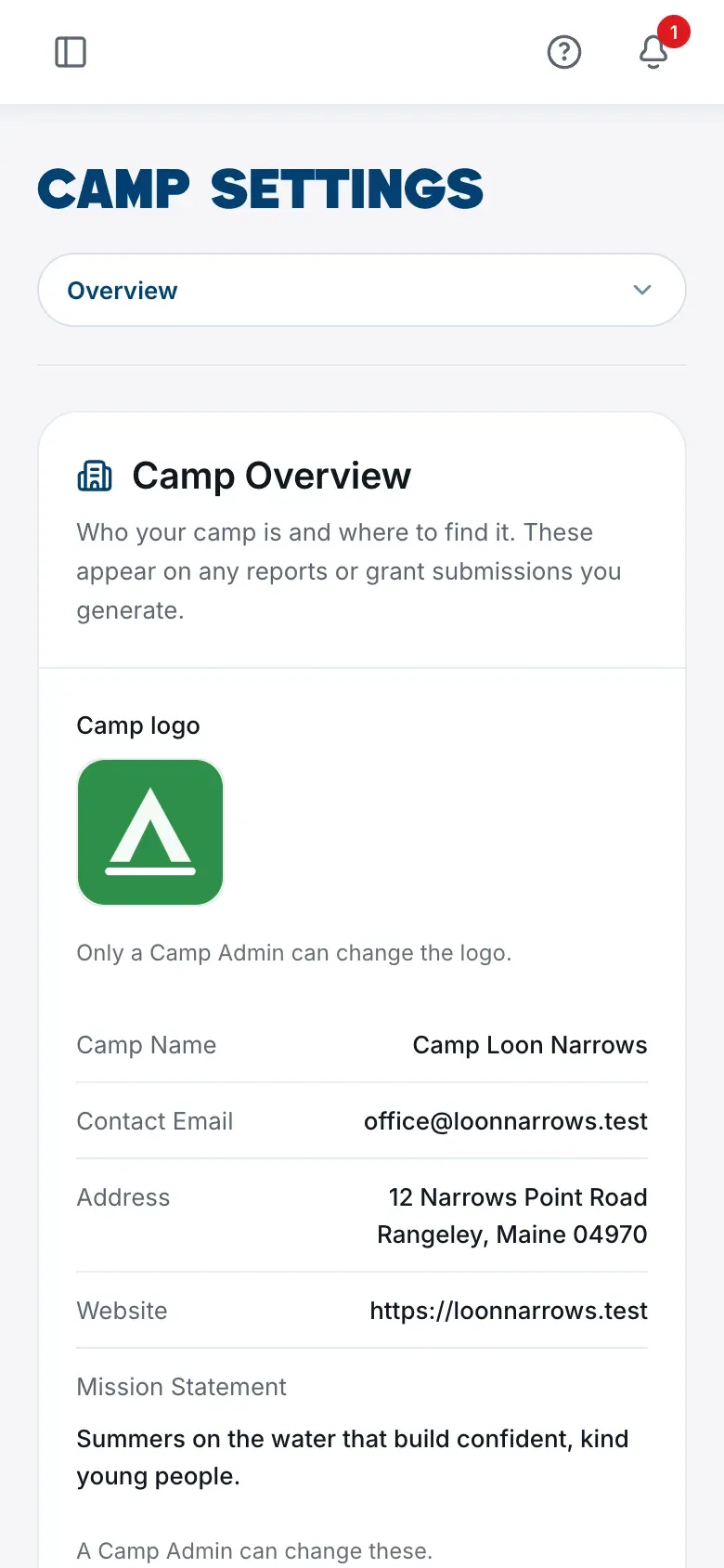Camp Settings as a Camp Member sees it on a phone