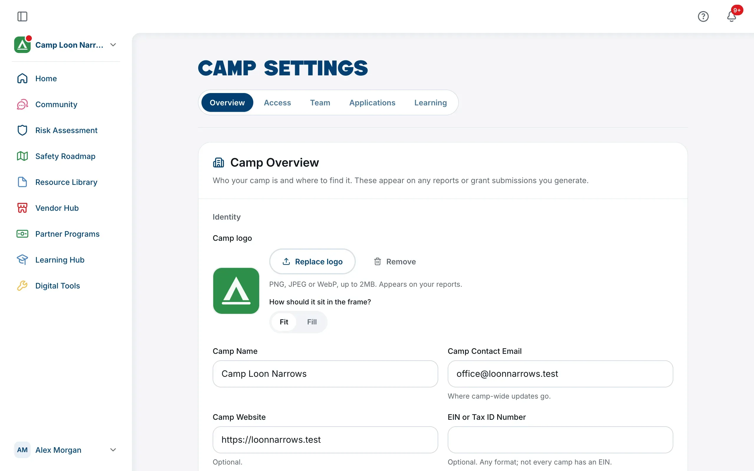 The Camp Overview card on the Overview tab of Camp Settings