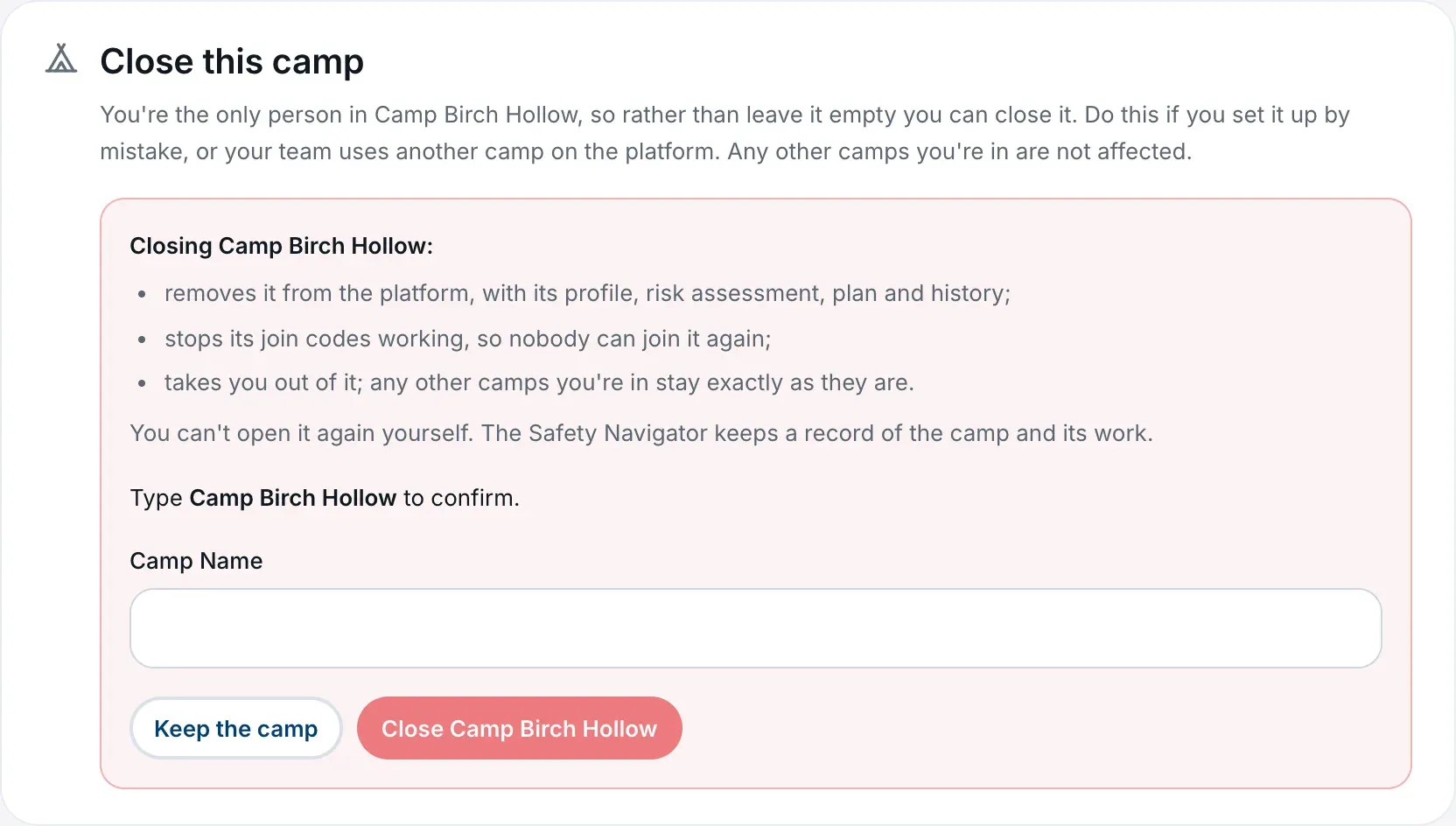 The Close this camp card, ready to confirm