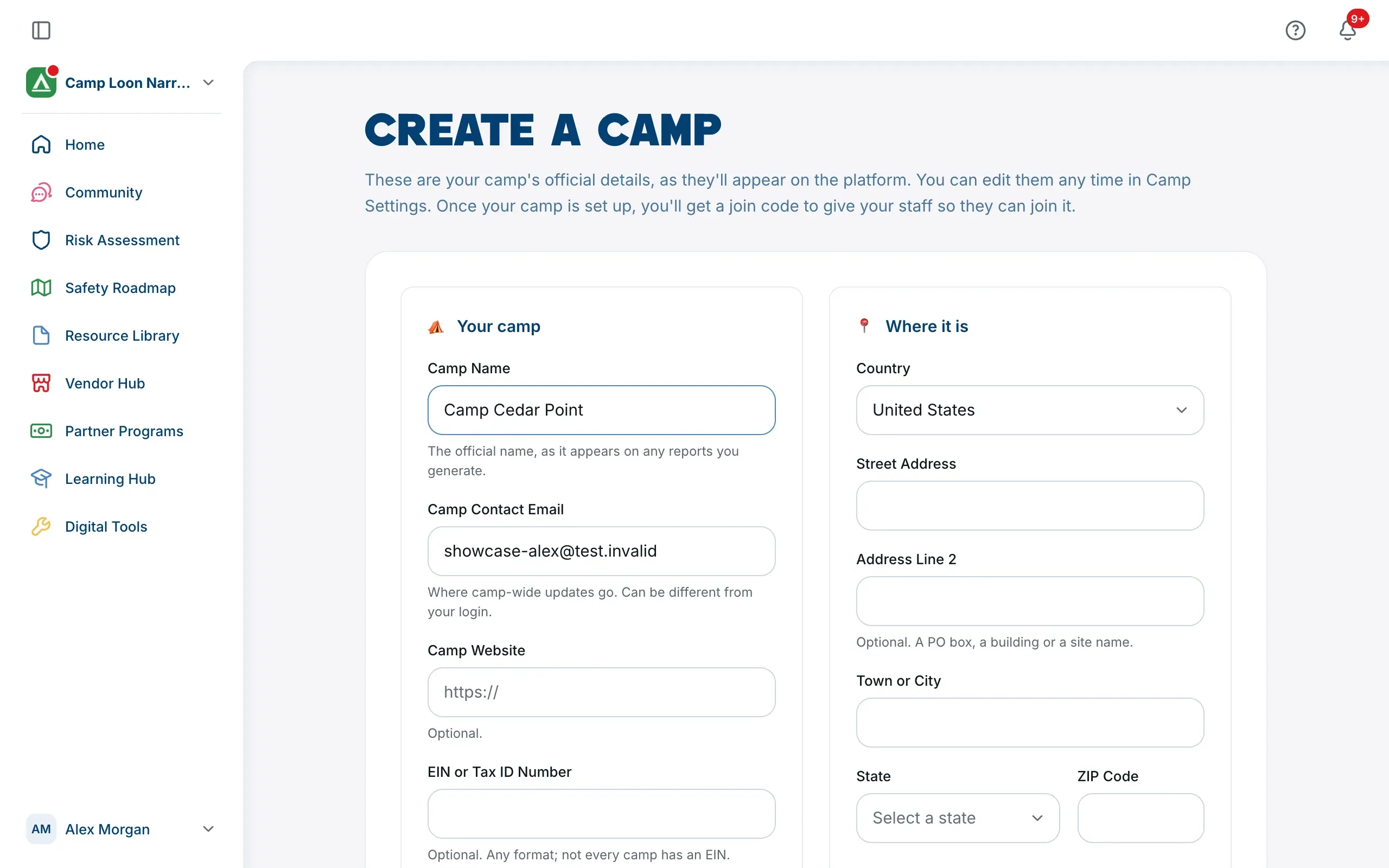 The Create a camp page