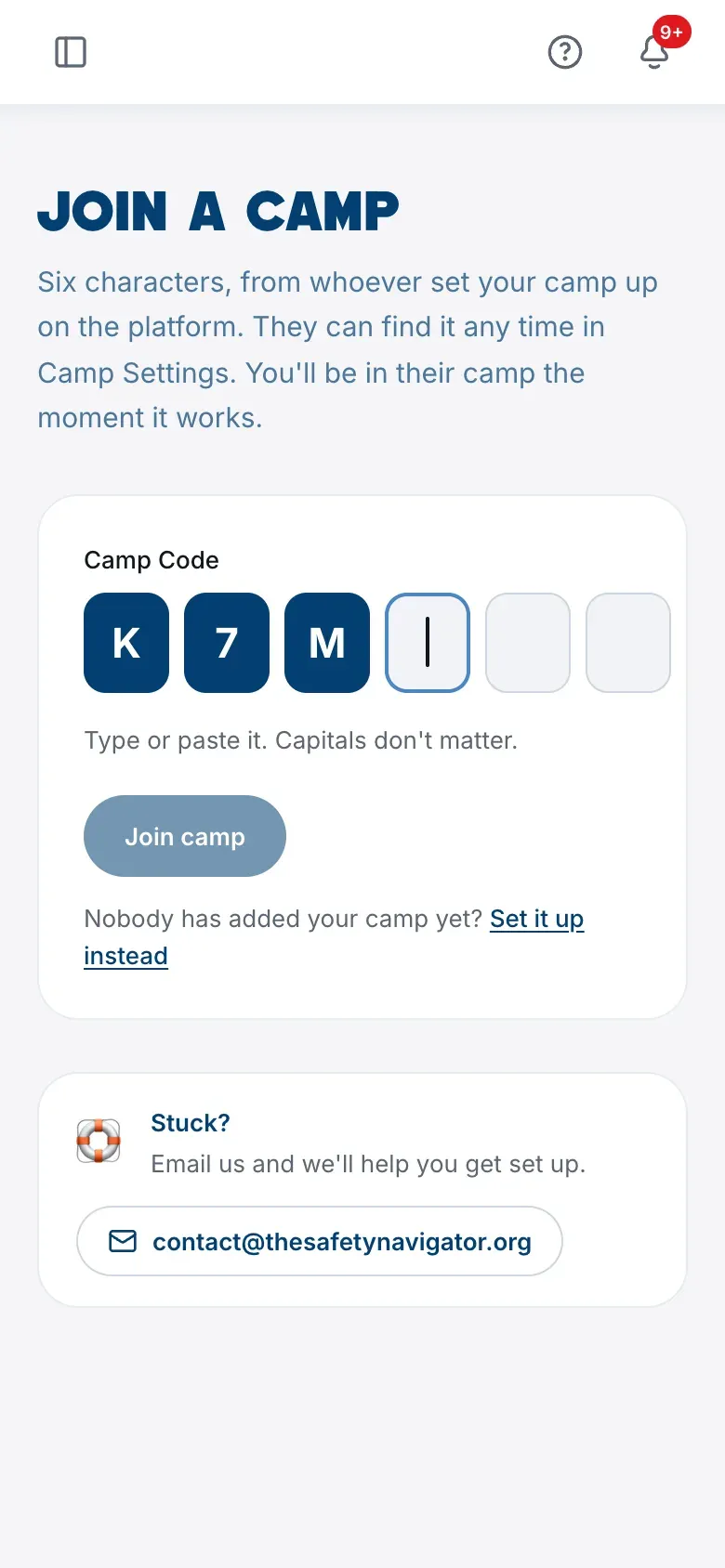Entering a camp code on a phone