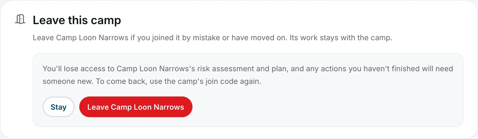 The Leave this camp card, open at its confirmation