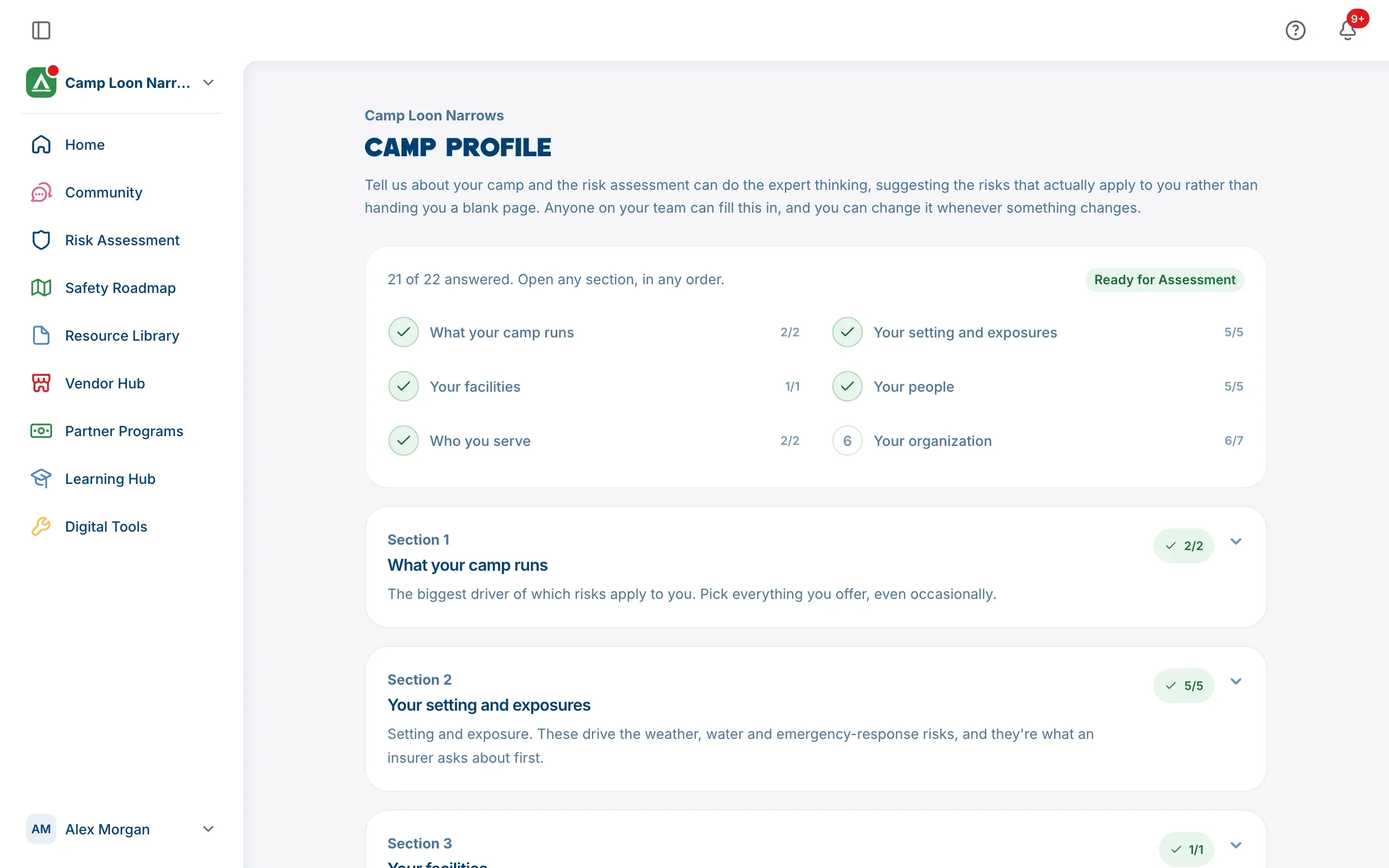 The Camp Profile page, with the checklist of six sections at the top