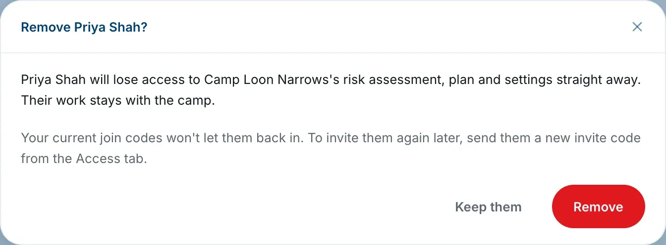 The confirmation shown before removing someone from the camp