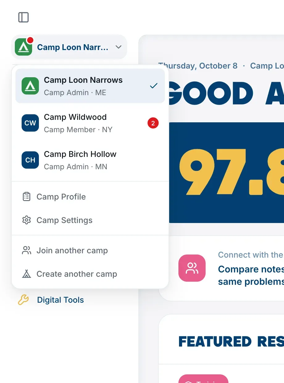 The camp menu, listing your camps with Join another camp and Create another camp below